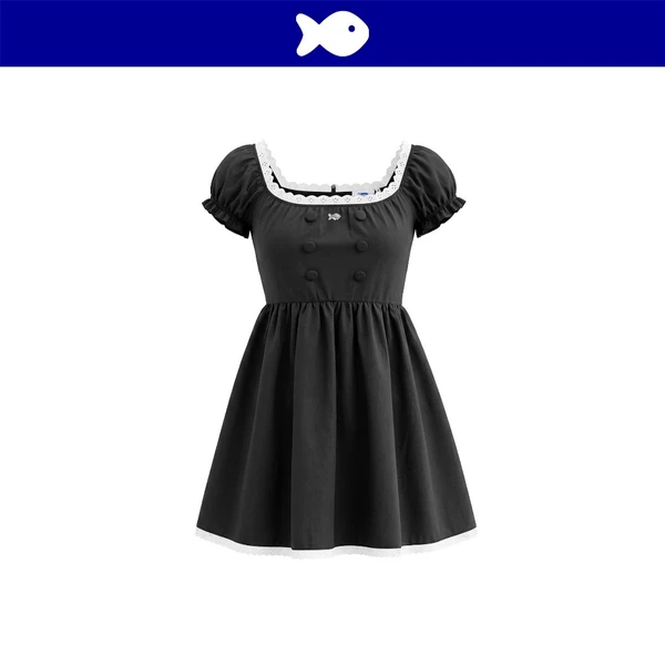 Đầm babydoll kiểu nữ tay bồng DKMV kèm quần bí thiết kế viền ren đính nút bọc vải logo cá màu đen Chord Dress | K-D80-D