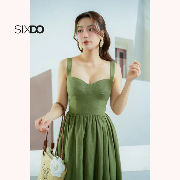 Đầm linen xanh strappy SIXDO (Moss Green Strappy Midi Linen Dress)
