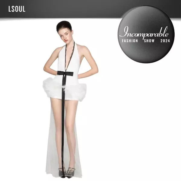 [INCOMPARABLE] LSOUL -  Đầm Mini Cổ Yếm Xẻ Sâu Phối Lông Vũ Đính Nơ Tà Dài Sang Trọng Đi Tiệc Odilia Dress V24061614