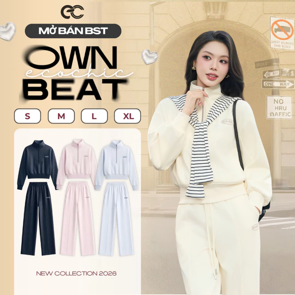 Set Bộ Dài ECOCHIC B283 Áo Khoá Halfzip Kim Loại Bo Gấu Quần Ống Suông Logo Thêu Chất Liệu Cao Cấp