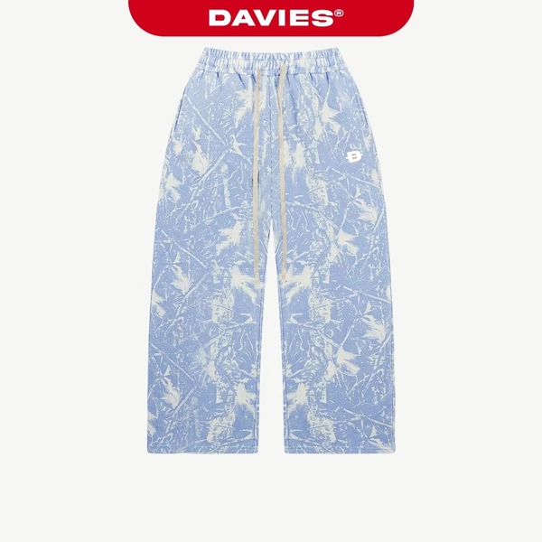 Quần nỉ lót bông dáng dài ống rộng DAVIES lưng chun buộc dây hoạ tiết lá rừng xanh dương Commando Sweatpants | D-Q14-XAD