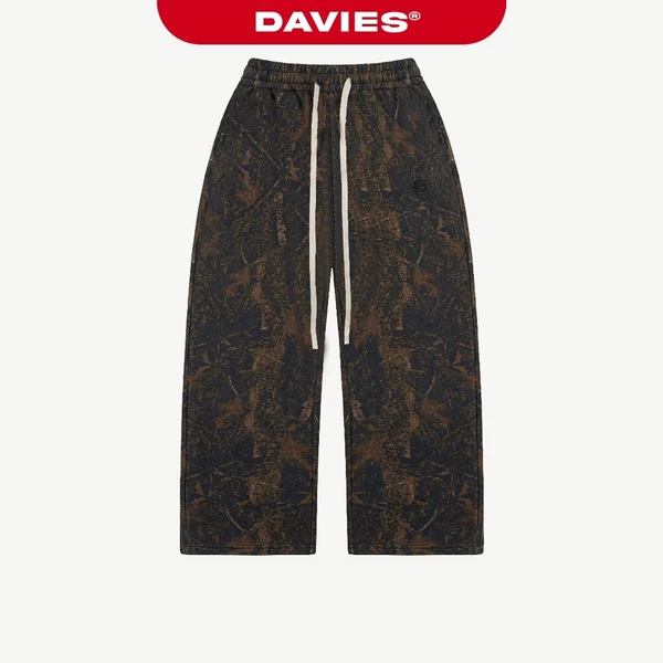 Quần dài ống rộng nỉ bông cạp chun DAVIES cột dây hoạ tiết lá rừng màu đen nâu logo  thêu Commando Sweatpants | D-Q14-DN