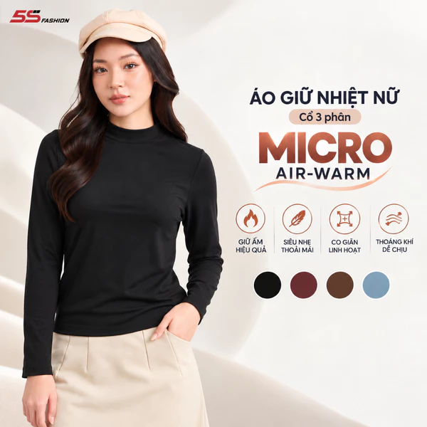 Áo Giữ Nhiệt Nữ MICRO AIR-WARM Cổ 3 Phân Ấm, Co Giãn, Thoáng Khí Dễ Mặc W0AGN26169