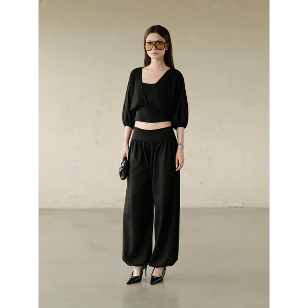 RUBIES Chika Pants - Quần Dài Nữ Vải Thun Nỉ Lưng Thun Ống Rộng Bí
