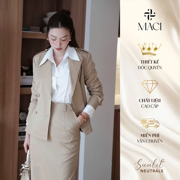 Áo Vest Chiết Eo Chất Kaki Hàn Khuy Đồng Màu Be Thanh Lịch MACI MCAAVBE0417 Thời Trang Nữ Thiết Kế Độc Quyền