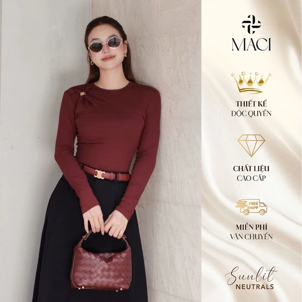 Áo Thun Tăm Dài Tay Cổ Tròn Khoen Vai Titan Màu Đỏ Rượu MACI MCAATDO0419 Thời Trang Nữ Thiết Kế