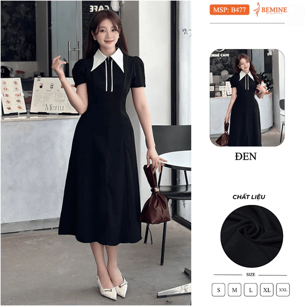 Đầm thiết kế BEMINE cổ sơ mi phối khóa kéo trước dáng chữ A phù hợp đi làm-B477