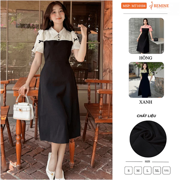 Đầm thiết kế BEMINE cổ đức tay phồng đính nơ dáng chữ A phù hợp đi làm, đi chơi-MT10104