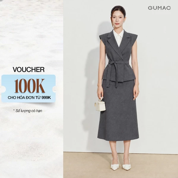 Áo Gile Nữ GUMAC Form Peplum Nhẹ Cổ Vest Tay Sát Nách Độn Vai Mỏng Vạt Xéo Phối Nút AG10017