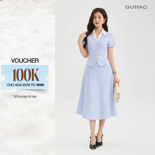 Set lẻ Áo Peplum Nữ GUMAC Form Ôm Cổ Sơ Mi Phối Màu AG10021 - Chân Váy Nữ GUMAC Dáng A Xòe Bản Lưng 2 Lớp Túi  VG10022