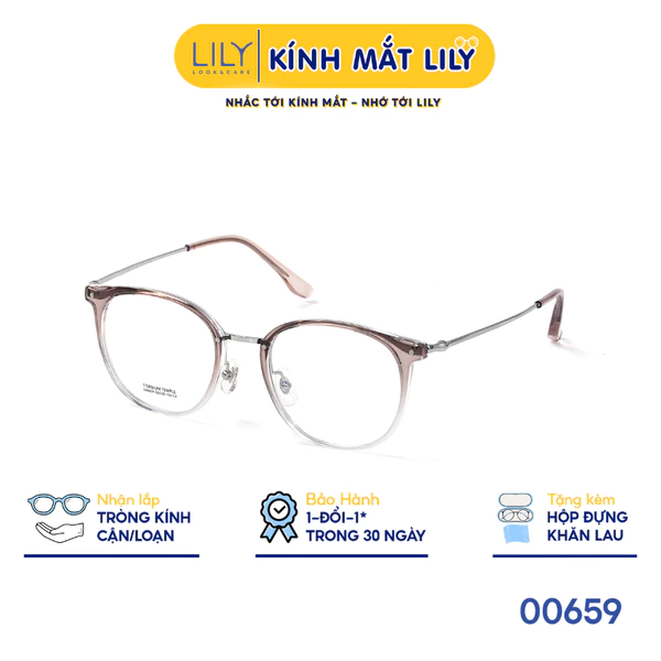 Gọng kính tròn nam nữ LILYEYEWEAR chất liệu nhựa phối càng Titan cao cấp kiểu dáng hiện dại thời trang 00659