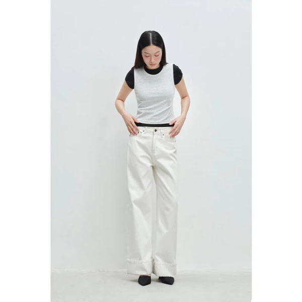 LIBÉ WORKSHOP - Quần jeans suông dài xắn gấu màu trắng 7181