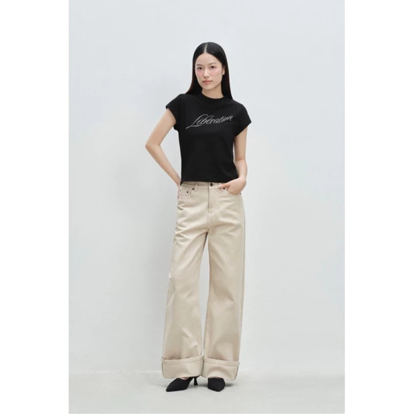 LIBÉ WORKSHOP - Quần jeans suông dài xắn gấu màu trắng kem 7182
