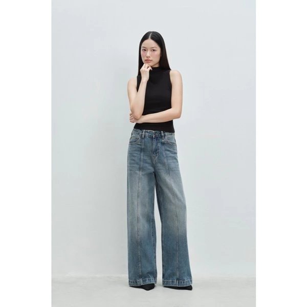 LIBÉ WORKSHOP - Quần jeans ống suông cạp trễ wash xanh dương nhạt 7391