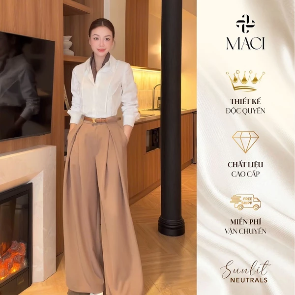 Quần Ống Rộng Bấu Li Đỉa Liền Màu Camel Chất Chéo Hàn MACI MCQQTNA0401 Thời Trang Nữ Thiết Kế
