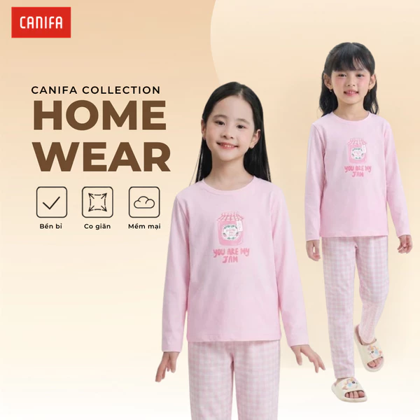 Bộ quần áo bé gái xinh yêu nữ tính dễ thương mặc nhà phối màu có hình in CANIFA 1LS26W002