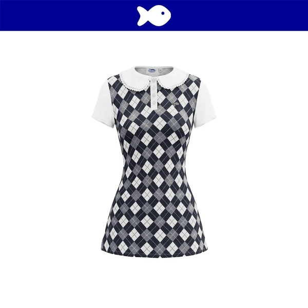 Đầm chữ A kiểu nữ sinh cổ sen phối ren DKMV tay ngắn thun caro điệu đà phối logo cá inox Nadezhda Dress | K-D86