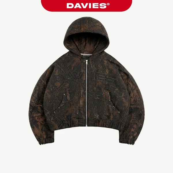Áo khoác nỉ bông hoodie zip DAVIES hoạ tiết lá rừng đen nâu thêu chữ nổi đính nút Commando Hoodie Zip | D-HD5-DN