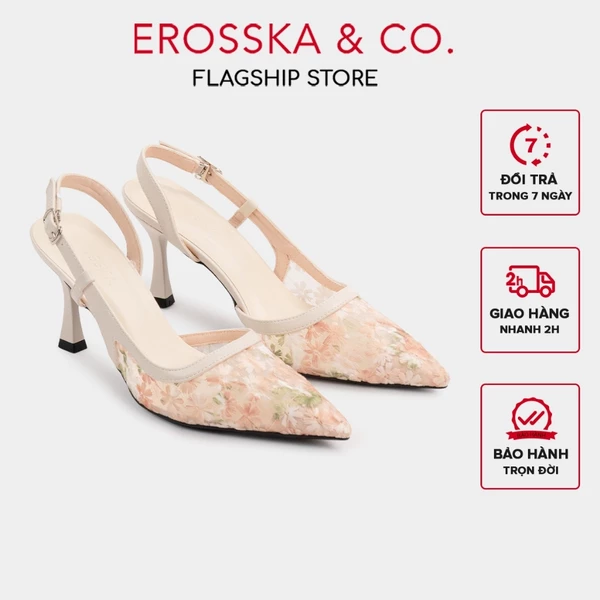 Giày cao gót slingback gót nhọn họa tiết hoa thanh lịch cao 7cm màu kem - EH077