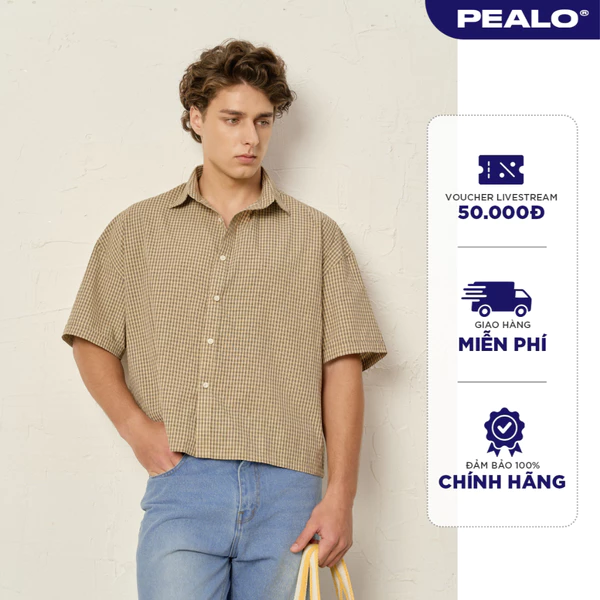 Áo sơ mi boxy ngắn tay kẻ caro PEALO chất liệu cotton thoáng mát mềm mịn thấm hút tốt SPT2