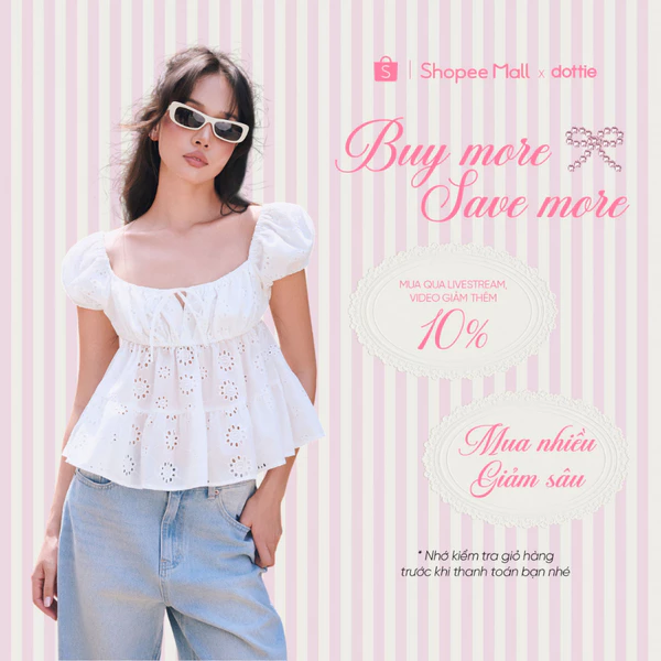 DOTTIE - Áo nhún ngực dáng xoè - Trắng - T1093