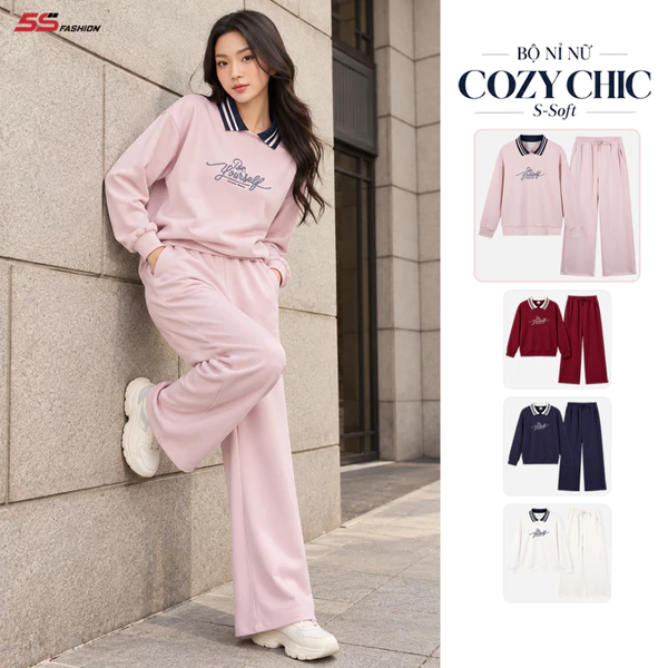 Bộ Nỉ Nữ Dài Tay 5S FASHION COZY CHIC S-SOFT Mềm Ấm, Cổ Polo Phối Thời Trang WBNI26017
