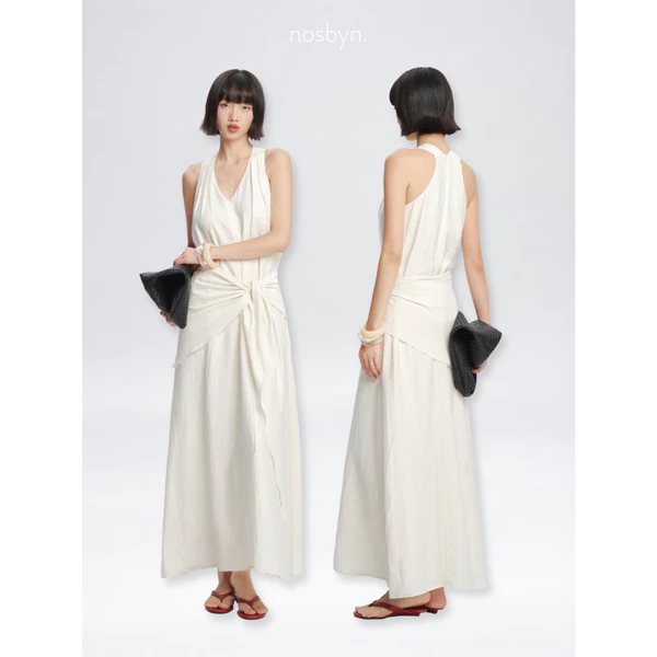 Nosbyn - Đầm Nữ Maxi Cổ V -  Ivory Draped Dress