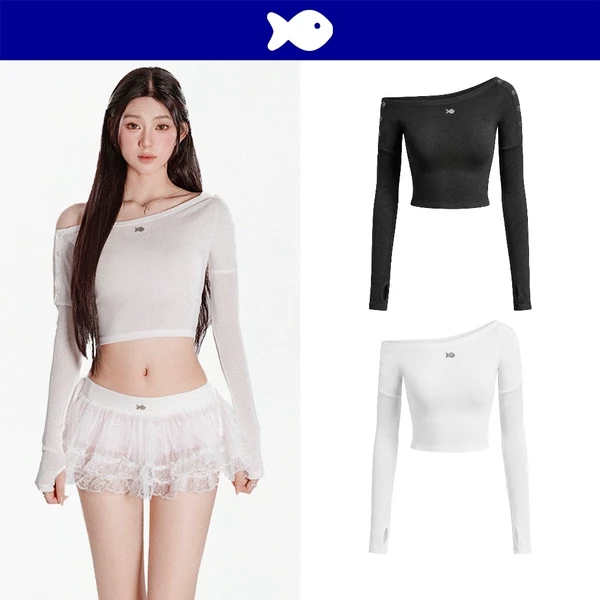 Áo tay dài kiểu nữ lệch vai croptop DKMV thun cát giãn vai đính nút khoét lỗ xỏ ngón tay Cairo Top | K-T69