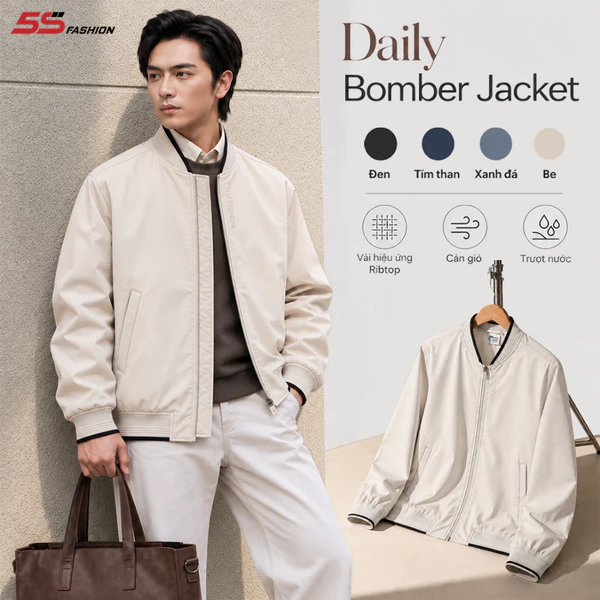 Áo Khoác Bomber Nam 5S FASHION Daily Jacket Vải Hiệu Ứng Cao Cấp, Bo Phối Thời Trang M0AKB26005