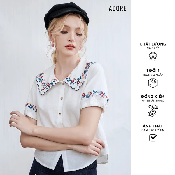 Áo navi/trắng kem thêu dải hoa tay - 611SH1007 ADORE
