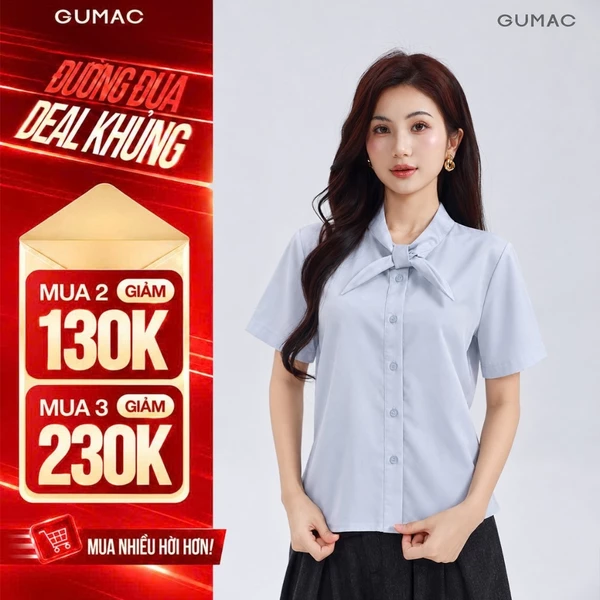 Áo Sơ Mi Nữ GUMAC Form Suông Cổ Giả Nơ Cách Điệu Thanh Lịch Thời Trang Công Sở LAG10050