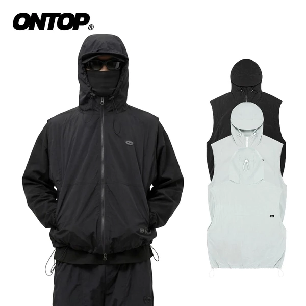 Áo gile nam vải dù hai lớp ONTOP màu đen và xám có mũ Nylon Hooded Vest | O-AK1
