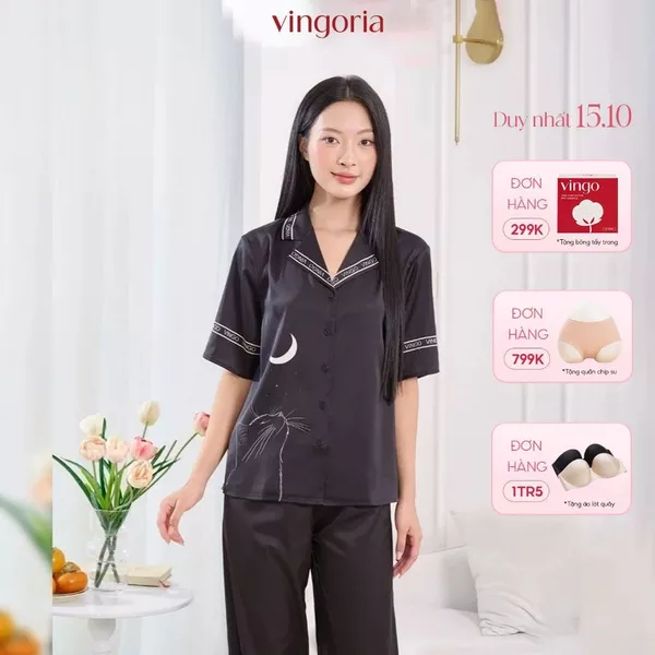 Đồ bộ mặc nhà Pijama lụa Pháp VINGO/VINGORIA tay ngắn thu đông H1271