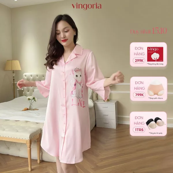 Váy sơ mi dáng dài lụa Pháp màu hồng VINGO/VINGORIA love cat thu đông thanh lịch N484