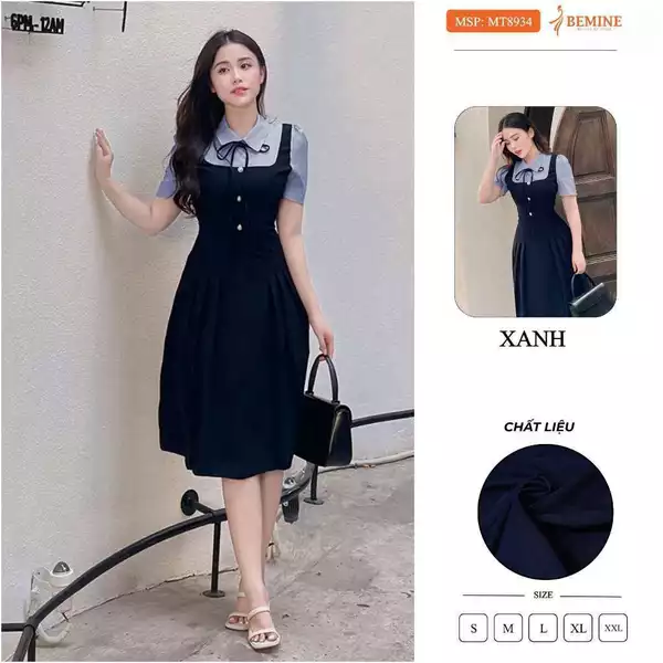Đầm thiết kế phối cổ sơ mi tùng xếp ly BEMINE MT8934