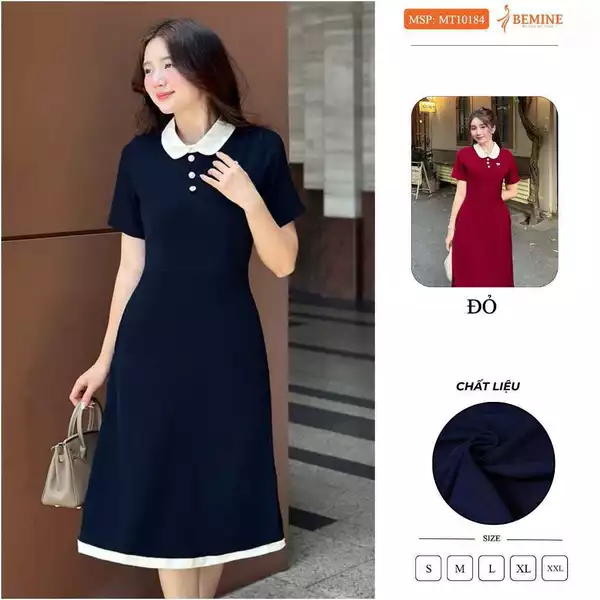 Đầm thiết kế BEMINE cổ sen dáng chữ A có viền phù hợp đi làm, đi chơi-MT10184