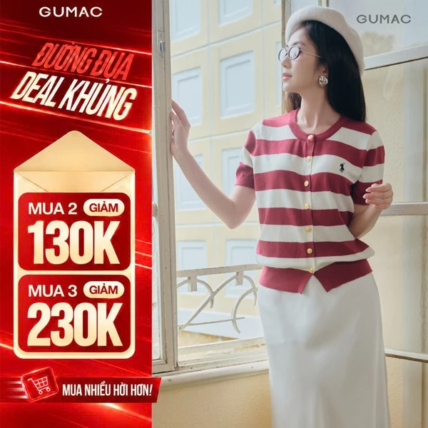 Áo Thun Dệt Kim Nữ GUMAC Tay Ngắn Form Suông Màu Đỏ Phối Sọc Trắng Thanh Lịch Trẻ Trung ATG09068