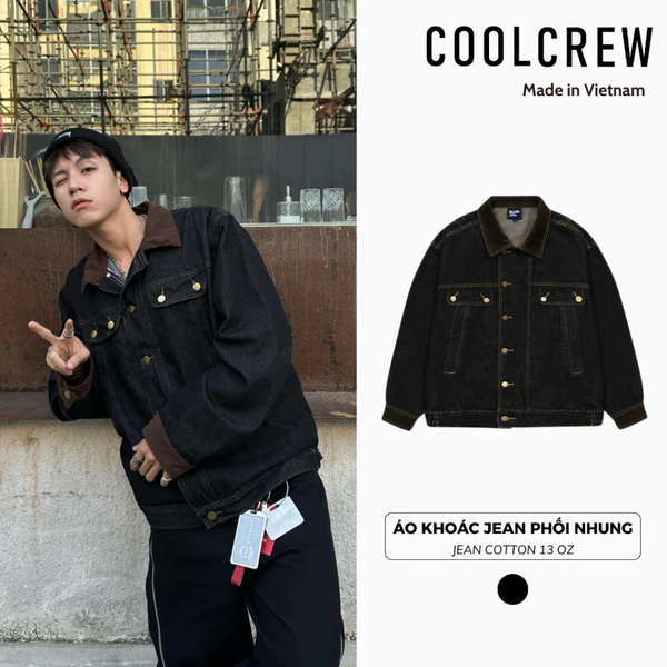Áo Khoác Jean Phối Nhung 𝐂𝐎𝐎𝐋𝐂𝐑𝐄𝐖 Áo Khoác Jacket Denim Cài Cúc Phong Cách Cổ Điển AKD036