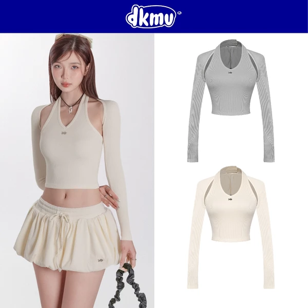 Áo cổ yếm kèm khoác ngoài dài tay DKMV thiết kế hở lưng phối logo cá inox xinh xắn màu kem, xám Gwyneth Set | K-SET7-T