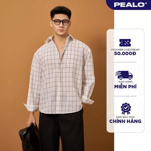 Áo sơ mi dài tay PEALO kẻ caro chất liệu thoáng mát form rộng thoải mái