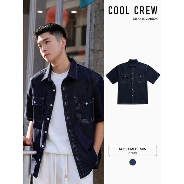 Áo Sơ Mi Denim Cộc Tay 𝐂𝐎𝐎𝐋𝐂𝐑𝐄𝐖 Áo Sơ Mi Form Rộng Kiểu Dáng Basic, Thời Trang Phong Cách Hàn Quốc AMN044