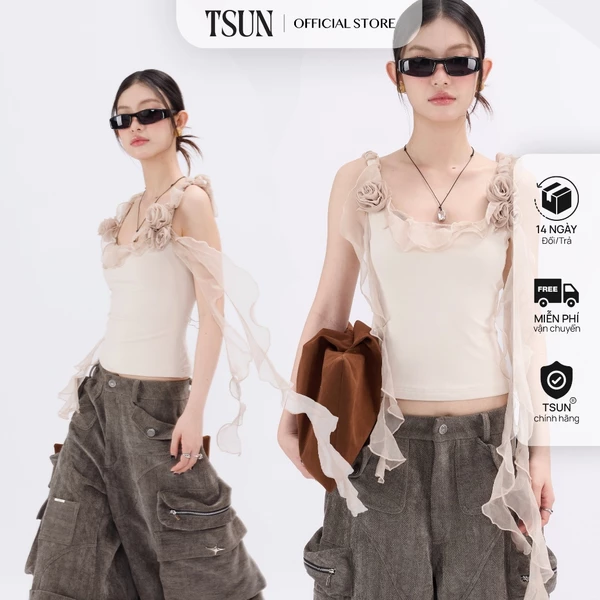 TSUN - Rosie Top Áo Hai Dây Nữ Body Phối Bèo Hoa Hồng Màu Be Ôm Dáng Cá Tính Quyến Rũ