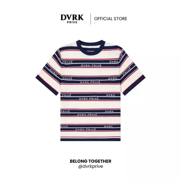 Áo Thun Tay Ngắn Cổ Tròn Dệt Kim Form Oversized Họa Tiết Sọc Ngang Màu Xanh Navy-DVRK-25PF