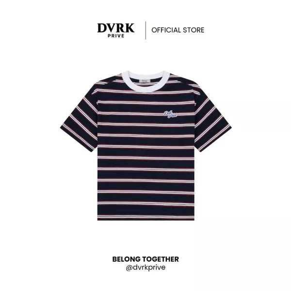 Áo Thun Tay Ngắn Form Oversized Họa Tiết Sọc Ngang Màu Xanh Navy-DVRK-25PF