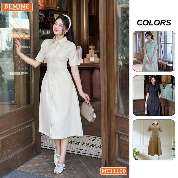 Đầm thiết kế BEMINE cổ sơ mi có cúc dáng chữ A phù hợp đi làm-MT11100