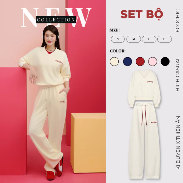 (LINK SALE) Set Bộ ECOCHIC SILENT LUXE Áo Cổ Tim Basic Quần Suông Cạp Cao Chất Liệu Vải Thun Cosy Sọc Chính Hãng B184