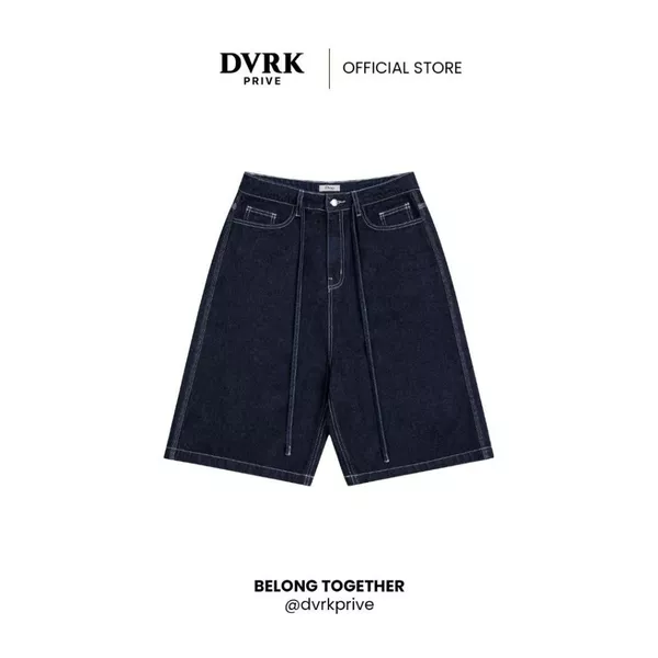 Quần Shorts Jeans Ống Rộng Màu Xanh Navy Thêu Logo Privé-DVRK-25R