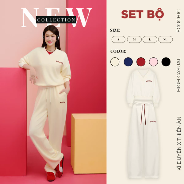 (LINK SALE) Set Bộ Dài ECOCHIC Áo Cổ Chữ V Quần Suông Dây Rút Chất Liệu Cao Cấp Mềm Mịn Chính Hãng B184