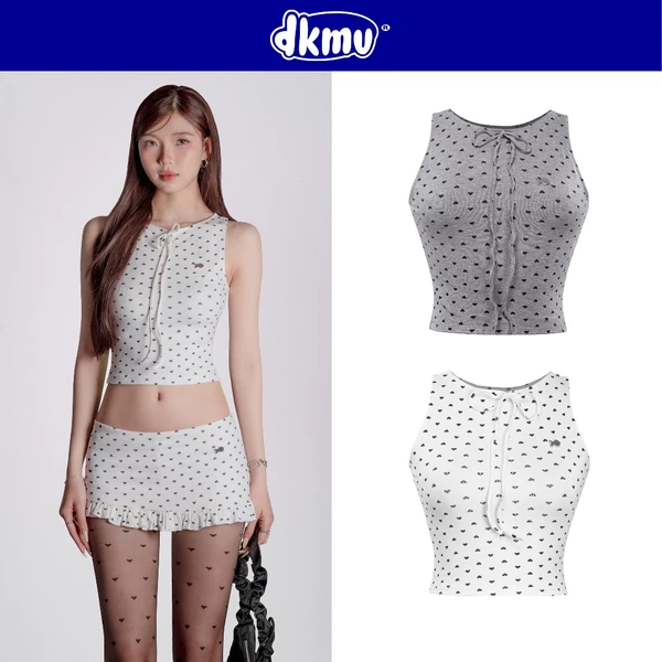 Áo croptop nữ kiểu họa tiết trái tim DKMV buộc nơ thiết kế ba lỗ thun ôm nữ trắng, xám đáng yêu Heart Top | K-SET11-T