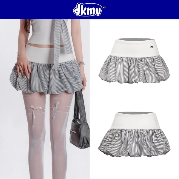 Chân váy bí phồng ngắn phối sọc nhí DKMV lưng thấp chất liệu thun ôm eo thiết kế logo inox Cá Jimin Skirt | K-SET10-V